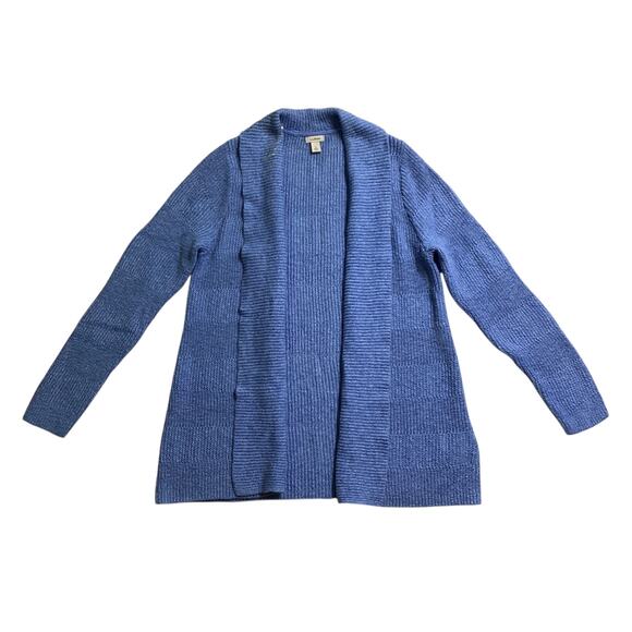 L.L. Bean Womens Sweater Blue Open Front Cardigan Shawl collar Tight Knit size L - Picture 2 of 8